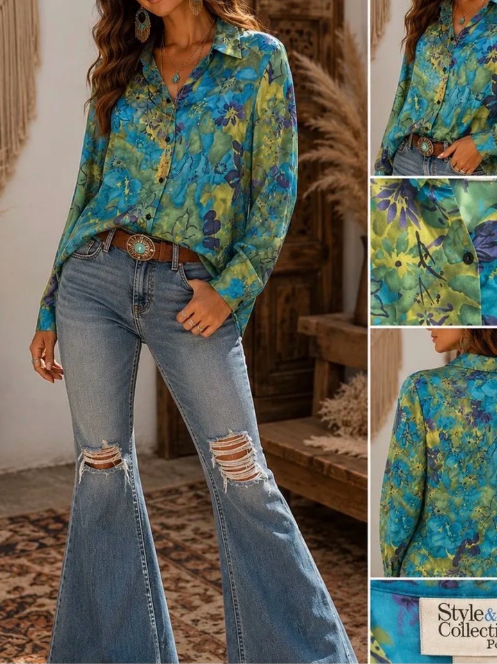 Style & Co Collection 100% Silk Floral Button Up Blouse | Petite 8P| Blue Green